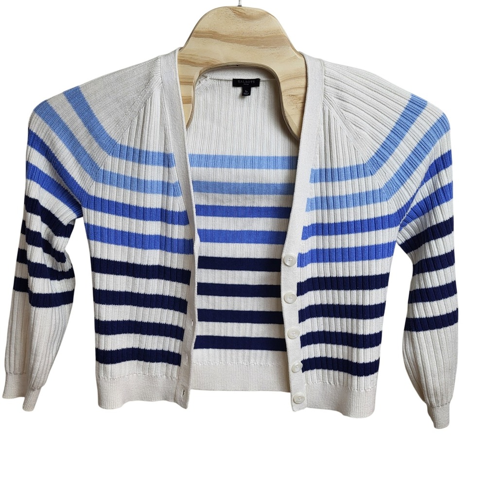 Talbots Petite SP Striped Button-Front Cardigan Sweater White Blue Knit Classic